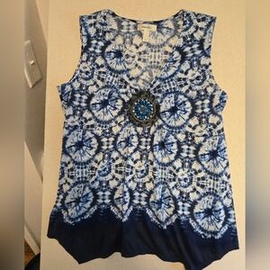 Catherines Blue & Wht Tank Top W Sequin Embellishment & Hankerchief Hem Sz L EUC